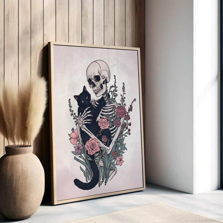 Gothic Skeleton And Black Cat Canvas - Dark Floral DéCor For Living Room