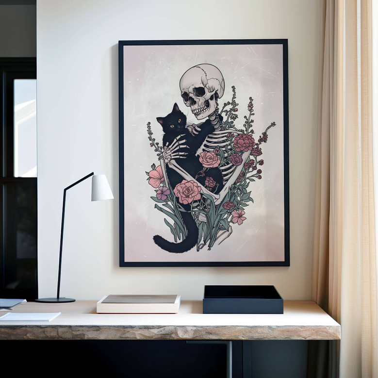 Gothic Skeleton And Black Cat Canvas - Dark Floral DéCor For Living Room