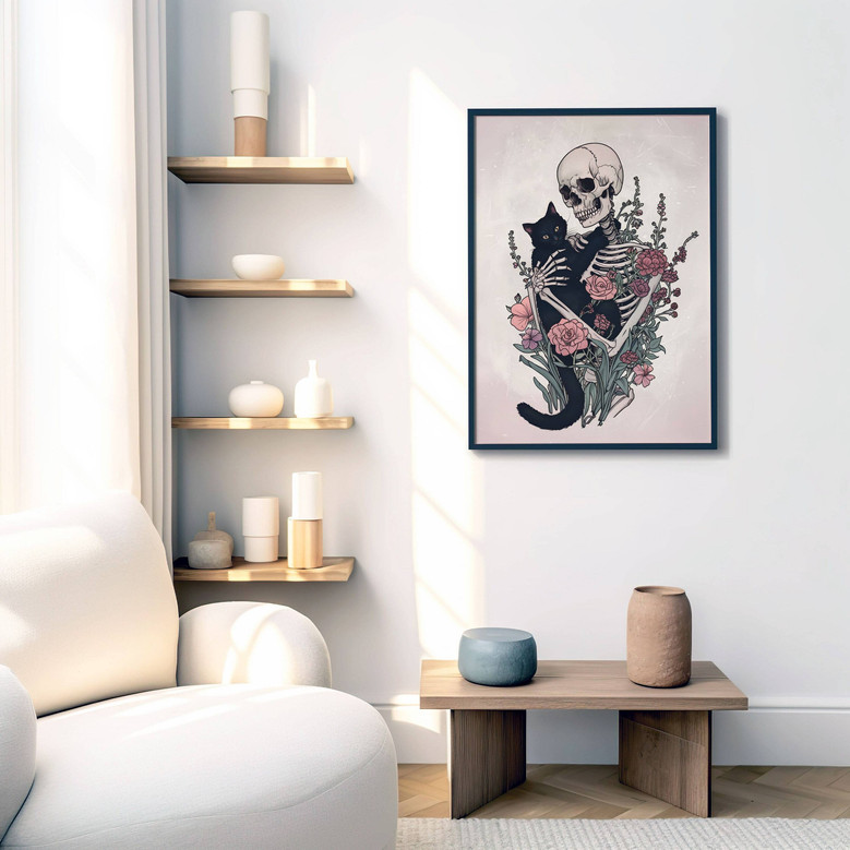 Gothic Skeleton And Black Cat Canvas - Dark Floral DéCor For Living Room