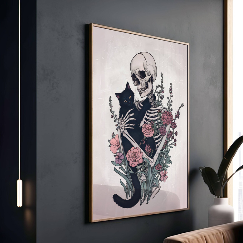 Gothic Skeleton And Black Cat Canvas - Dark Floral DéCor For Living Room