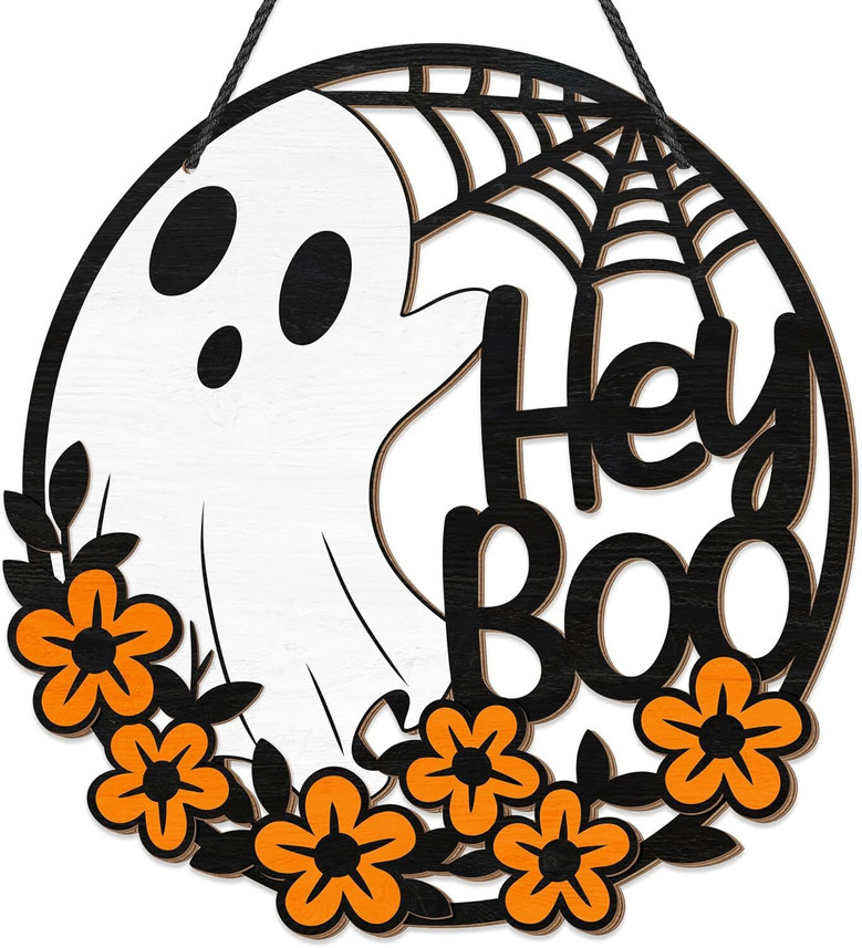 Halloween Ghost Flowers Wooden Sign Welcome Front Door Hanger For Home & Party Decor