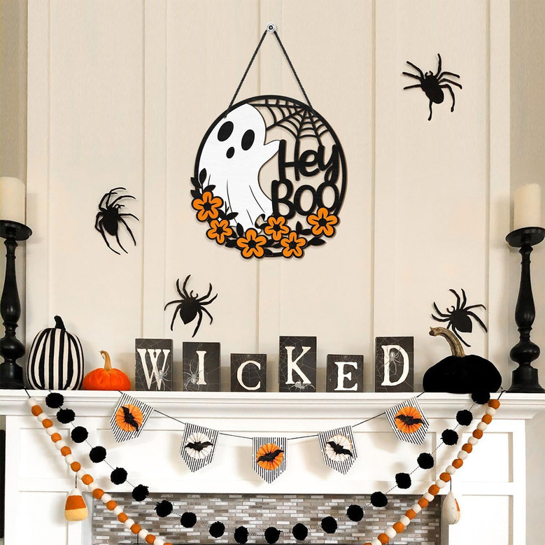 Halloween Ghost Flowers Wooden Sign Welcome Front Door Hanger For Home & Party Decor