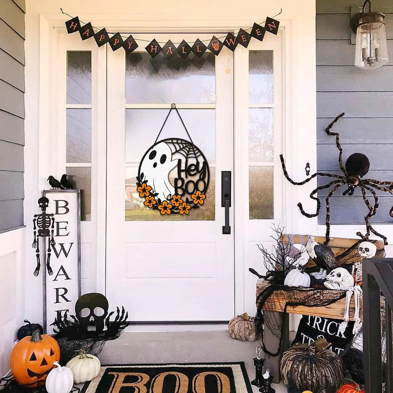 Halloween Ghost Flowers Wooden Sign Welcome Front Door Hanger For Home & Party Decor
