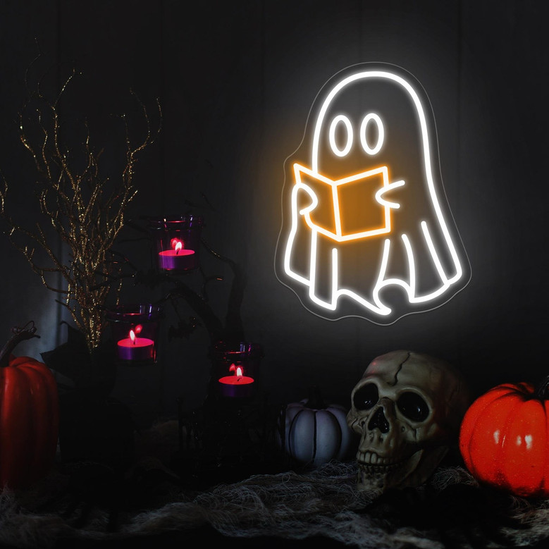 Halloween Ghosts Reading Neon Sign – Spooky Library Wall Decor for Book Lovers