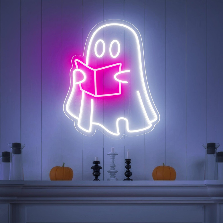 Halloween Ghosts Reading Neon Sign – Spooky Library Wall Decor for Book Lovers