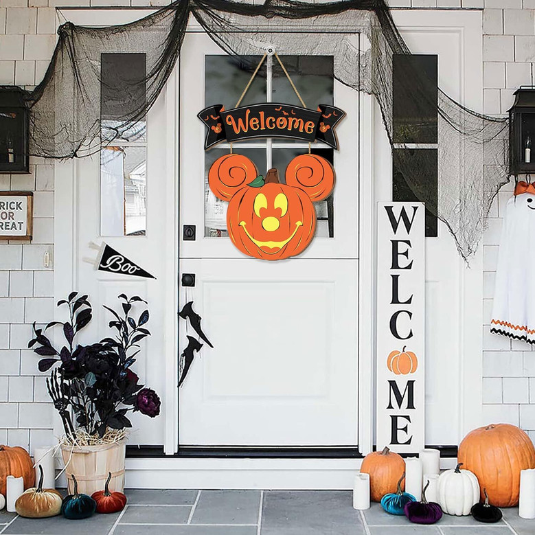 Halloween Welcome Wooden Mouse Sign - Fun Pumpkin Design For Front Door And Home Decor