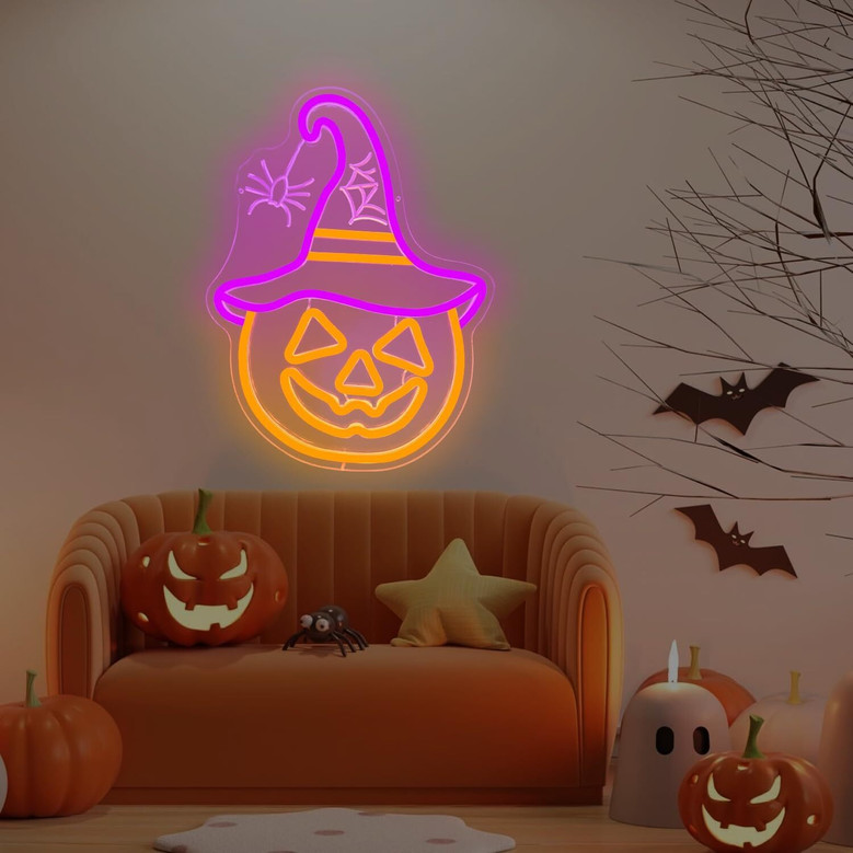 Halloween Pumpkin Neon Sign And Spider Lights For Halloween Party Decor