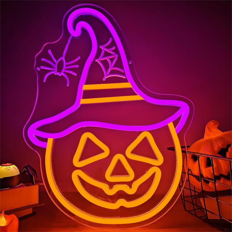 Halloween Pumpkin Neon Sign And Spider Lights For Halloween Party Decor
