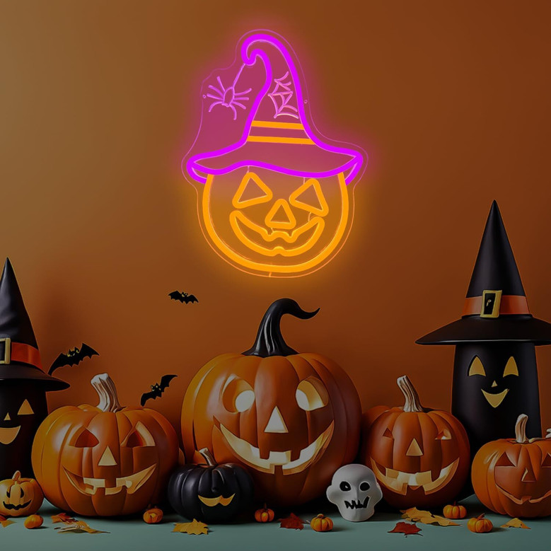 Halloween Pumpkin Neon Sign And Spider Lights For Halloween Party Decor