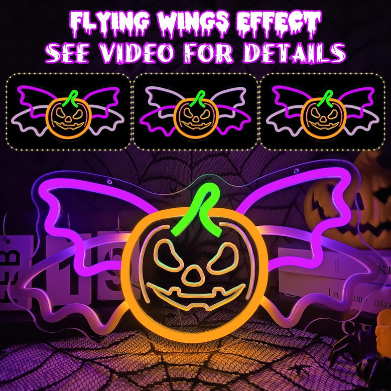 Halloween Pumpkin Neon Sign With Bat Wings - Dimmable LED Light For Halloween Decorations - Perfect For Party Wall Decor