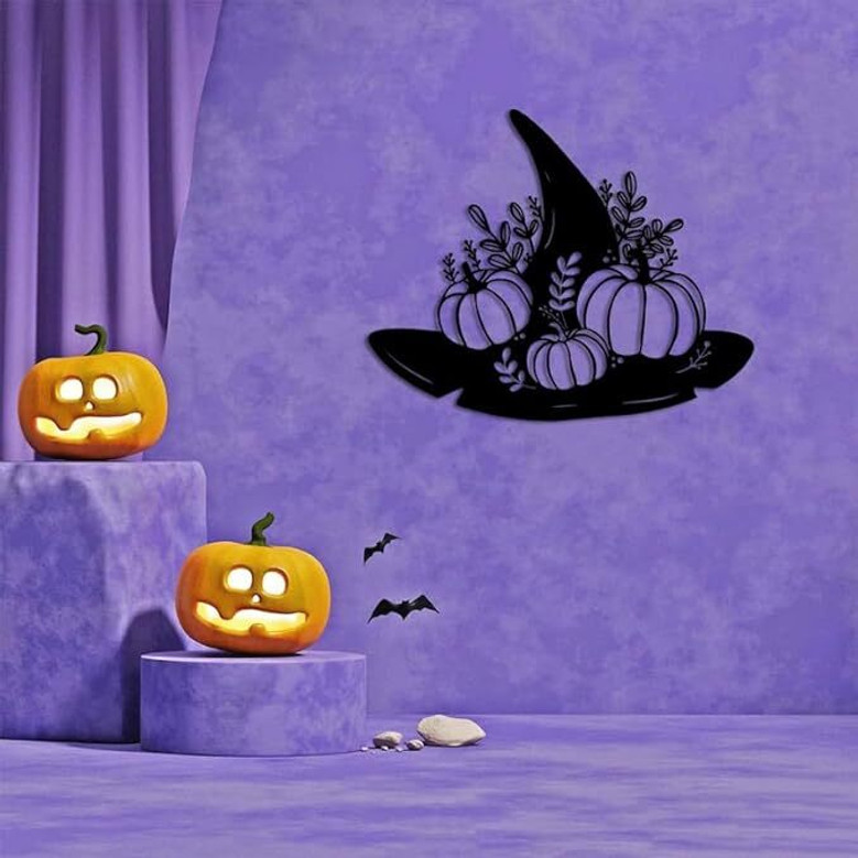 Personalized Halloween Pumpkin Witch Hat Metal Wall Art– Custom Name Decor For Spooky Season, Indoor & Outdoor