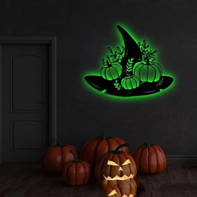 Personalized Halloween Pumpkin Witch Hat Metal Wall Art– Custom Name Decor For Spooky Season, Indoor & Outdoor