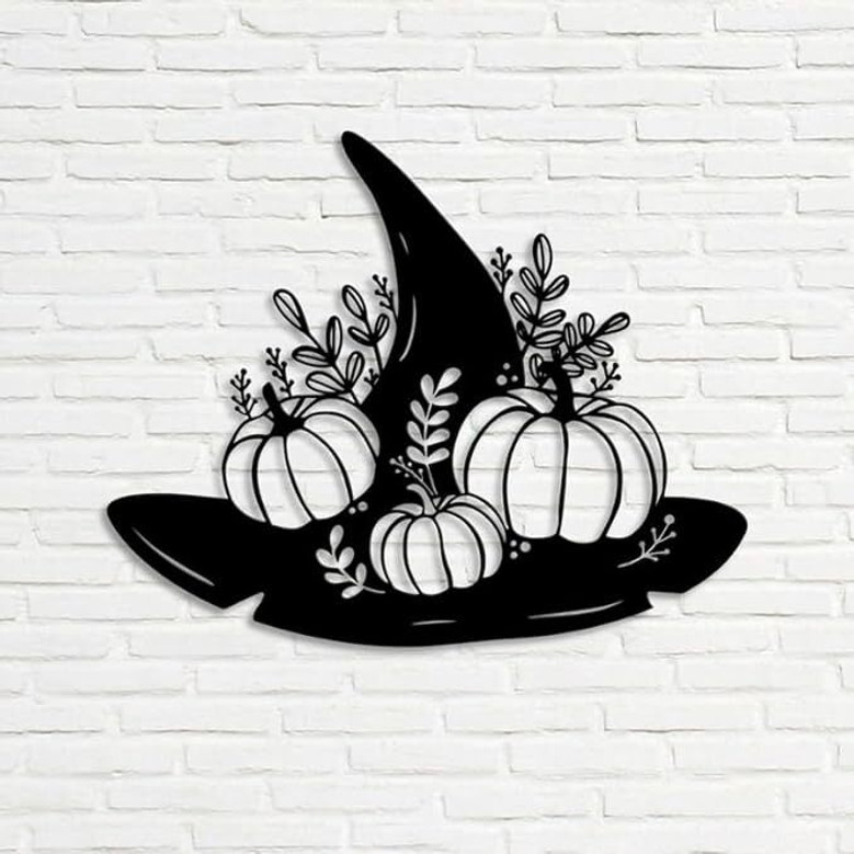 Personalized Halloween Pumpkin Witch Hat Metal Wall Art– Custom Name Decor For Spooky Season, Indoor & Outdoor