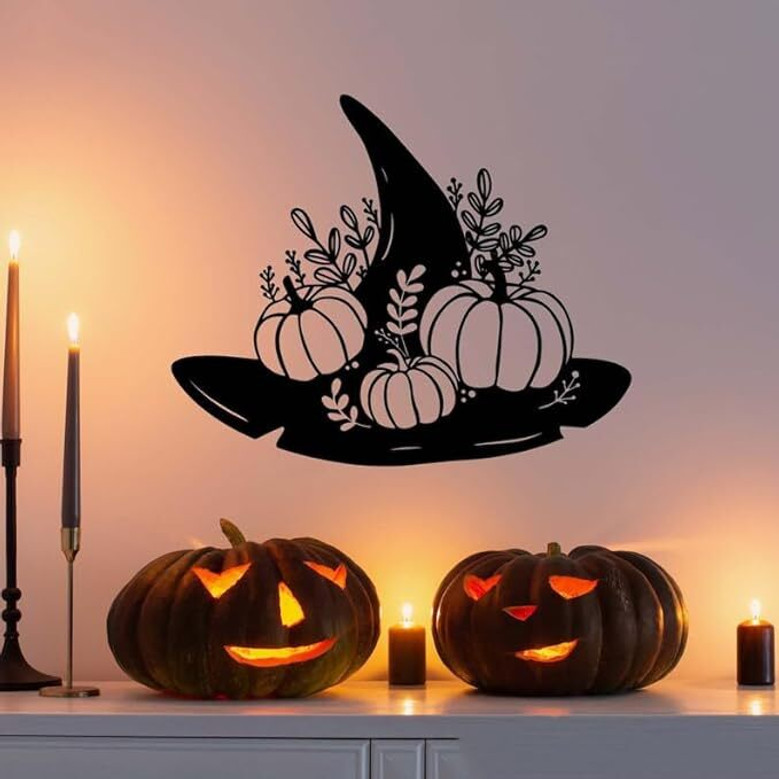 Personalized Halloween Pumpkin Witch Hat Metal Wall Art– Custom Name Decor For Spooky Season, Indoor & Outdoor