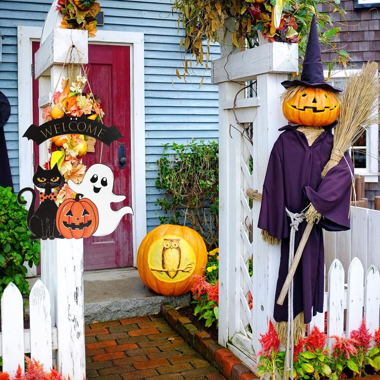 Halloween Welcome Wooden Ghost Door Wreath Sign For Indoor Outdoor DéCor - Pumpkin Black Cat Design