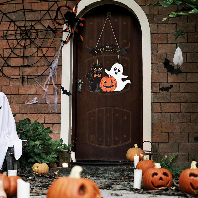 Halloween Welcome Wooden Ghost Door Wreath Sign For Indoor Outdoor DéCor - Pumpkin Black Cat Design