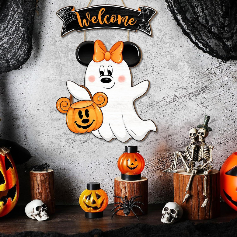 Adorable Halloween Mouse Ghost Wooden Sign For Indoor Outdoor Welcome
