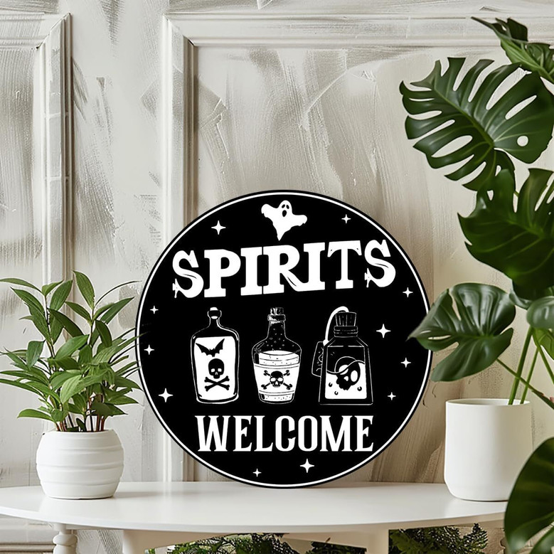Spooky Halloween Welcome Metal Sign With Ghost And Pumpkin For Home Or Cafe Decor