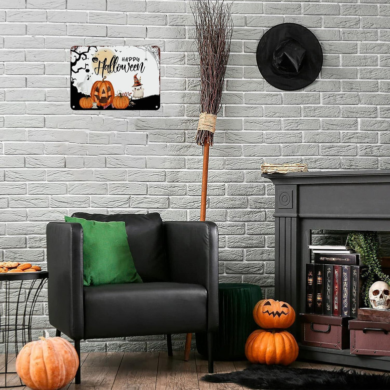 Welcome Halloween Pumpkin Ghost Tin Sign - Vintage Metal Art For Home, Office, Classroom, Garden Decor