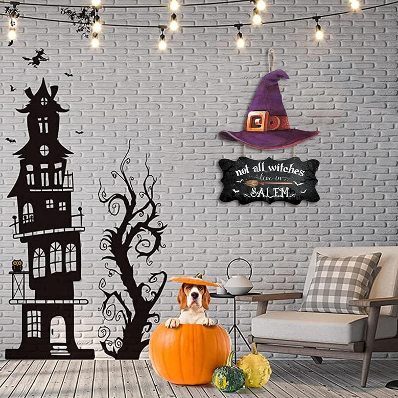 Spooky Witch Theme Wooden Halloween Welcome Sign For Indoor Outdoor Decor