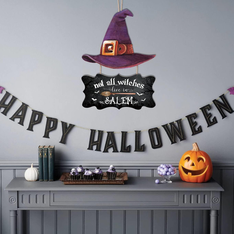 Spooky Witch Theme Wooden Halloween Welcome Sign For Indoor Outdoor Decor