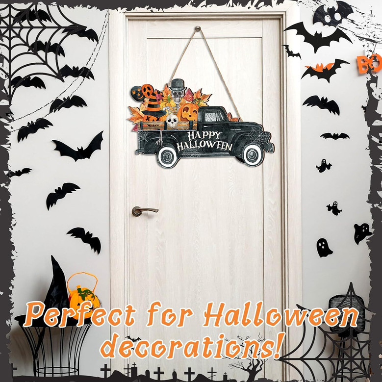 Vintage Rustic Halloween Welcome Door Sign With Horror Truck Pattern For Indoor Outdoor DéCor