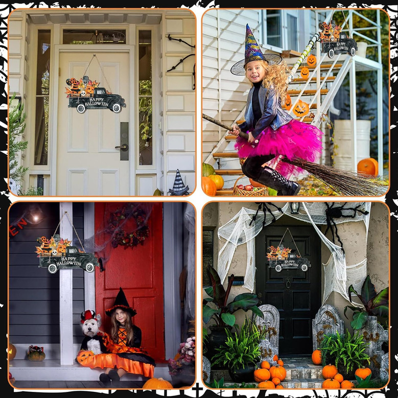 Vintage Rustic Halloween Welcome Door Sign With Horror Truck Pattern For Indoor Outdoor DéCor