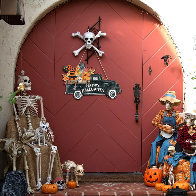 Vintage Rustic Halloween Welcome Door Sign With Horror Truck Pattern For Indoor Outdoor DéCor