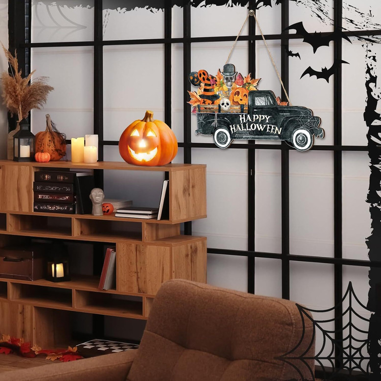Vintage Rustic Halloween Welcome Door Sign With Horror Truck Pattern For Indoor Outdoor DéCor