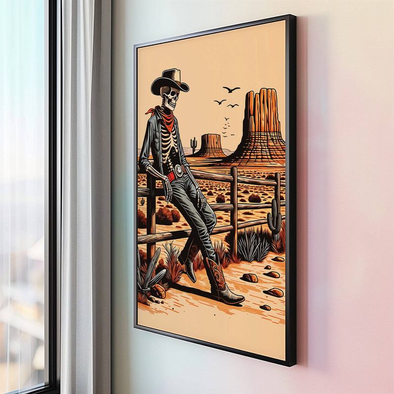 Retro skeleton cowboy canvas wall art, vintage Wild West skull decor ideal for living room bold statement walls.