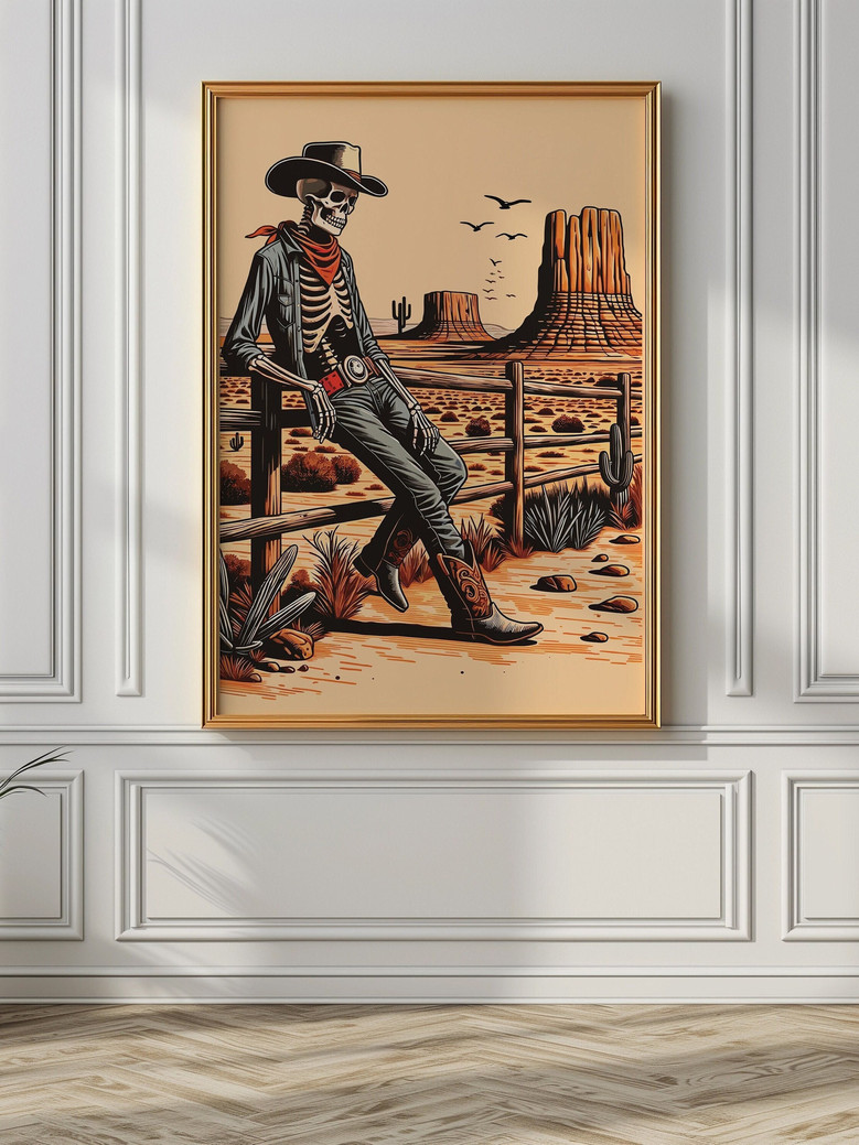 Retro skeleton cowboy canvas wall art with Western skull motif; standout Wild West wall decor accent for modern living rooms.