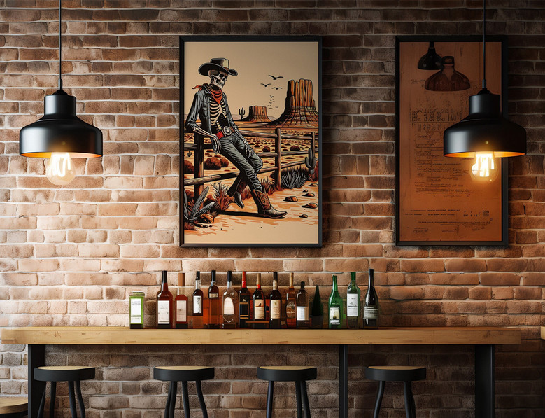 Retro skeleton cowboy canvas wall art, rustic Western skull design to elevate living room walls with unique Wild West style.