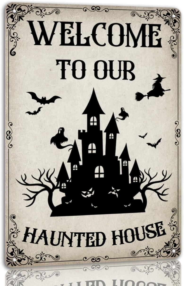 Welcome To Our Haunted House Vintage Metal Sign For Halloween - Witch And Ghost Decor For Home Or Cafe Kitchen