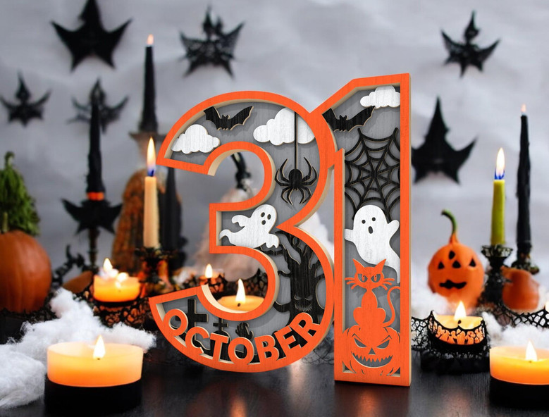 Spooky October 31 Halloween Wood Sign - Ghost, Spider, Bat Design For Table DéCor