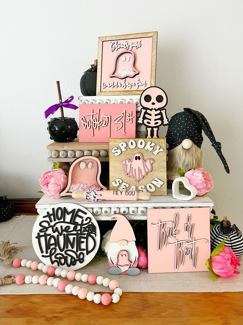 Handmade Wood Sign For October 31 Halloween - Pastel Spooky Pink Accent For Tiered Tray Decor