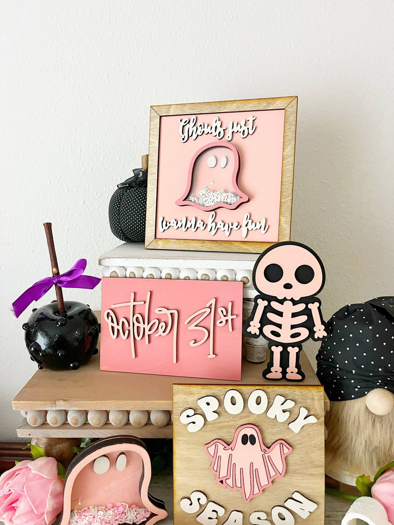 Handmade Wood Sign For October 31 Halloween - Pastel Spooky Pink Accent For Tiered Tray Decor