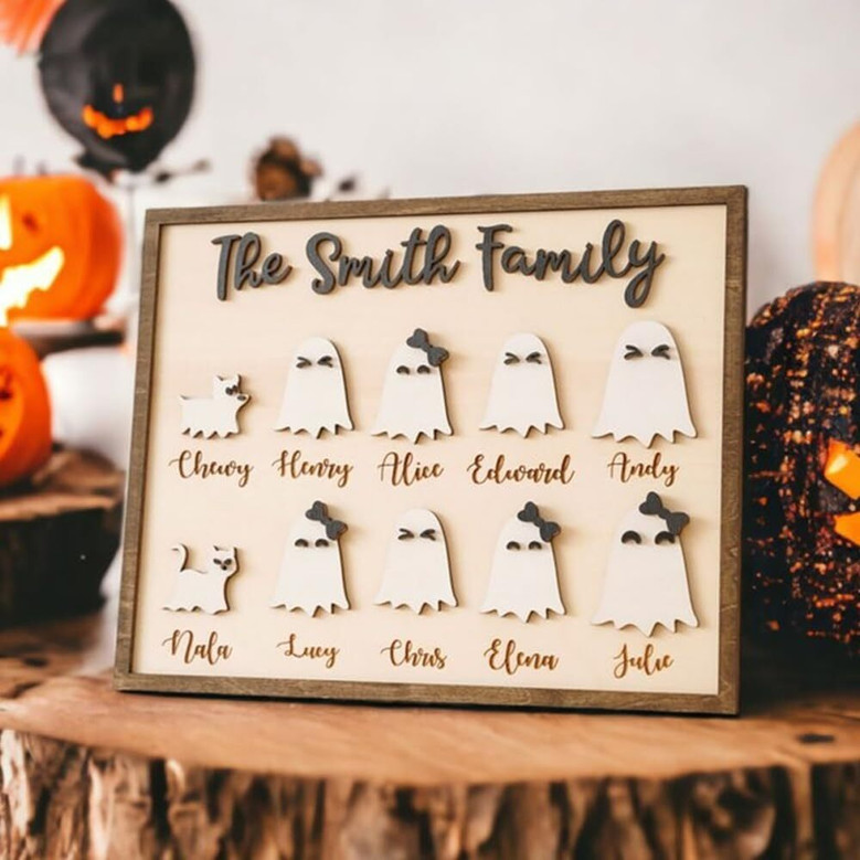 Rustic Ghost Family Wooden Sign For Halloween - Personalized Spooky Decor For Home Kitchen