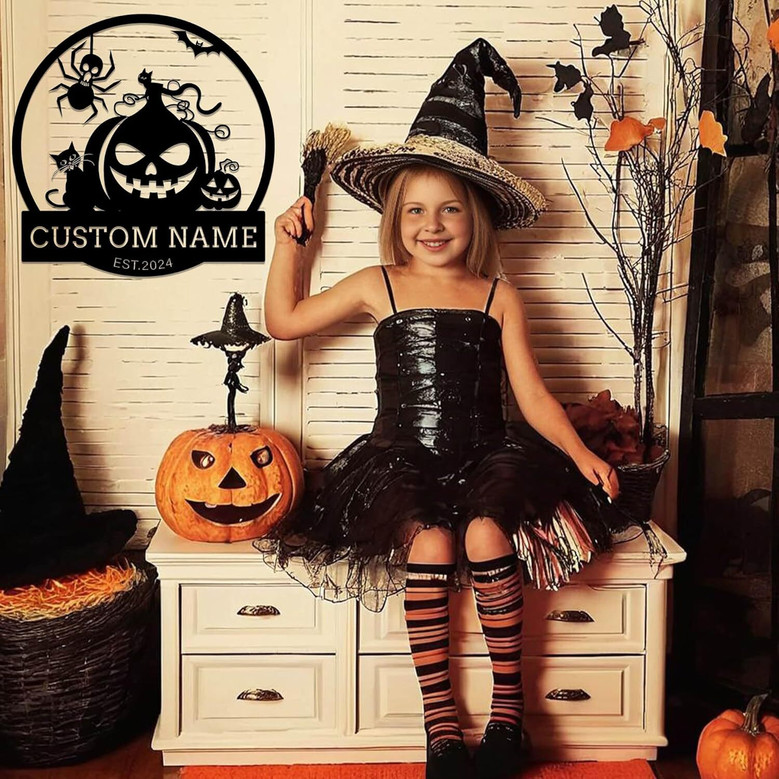 Custom Halloween Pumpkin Metal Sign With Spider Webs And Ghosts For Bedroom Or Front Porch DéCor