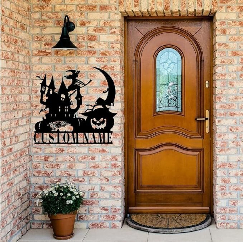 Custom Halloween Pumpkin Witch Metal Sign For Home DéCor With Black Cat & Spider Web Design - Perfect Halloween Decorations