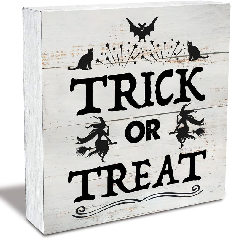 Rustic Halloween Trick Or Treat Wood Sign - Perfect Home Desk Or Shelf DéCor For Fall Witches And Farmhouse Style