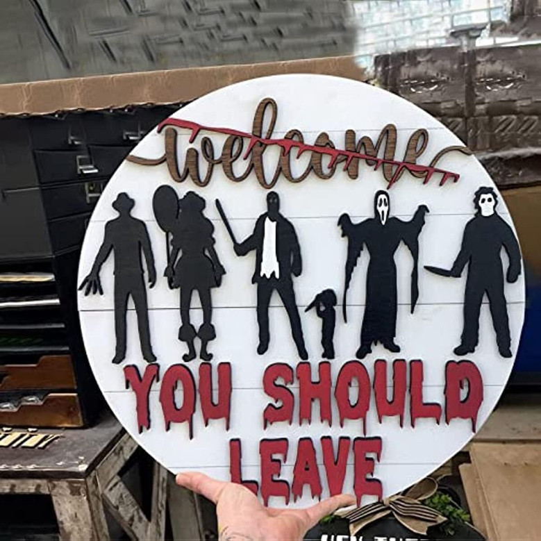 Personalized Halloween Welcome Sign With Horror Movie Characters For Farmhouse Porch