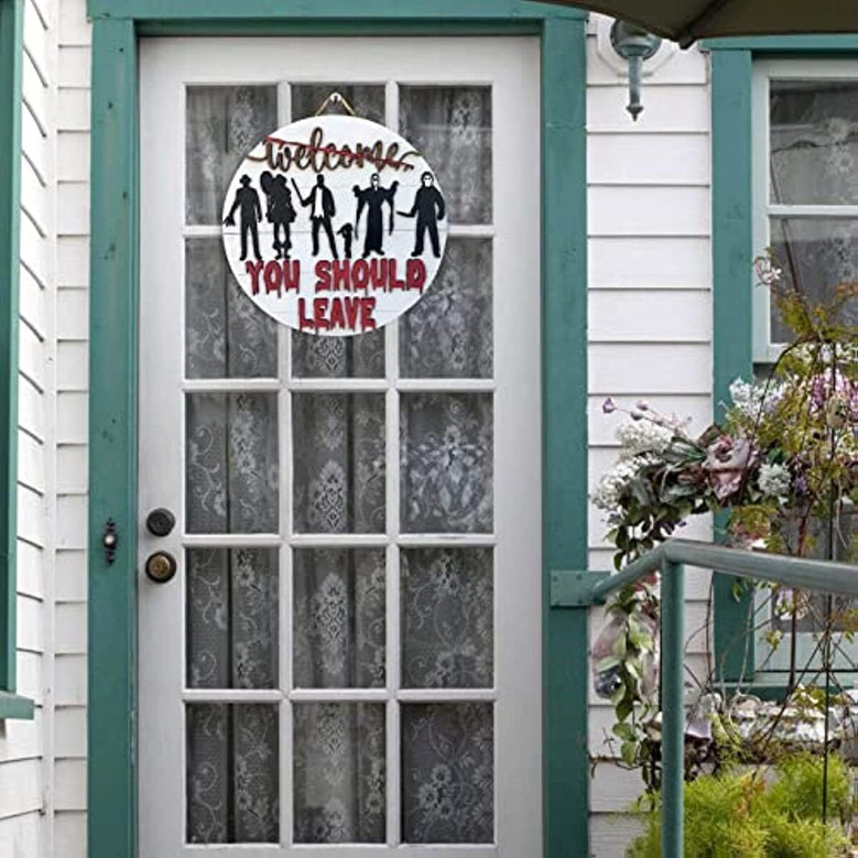 Personalized Halloween Welcome Sign With Horror Movie Characters For Farmhouse Porch