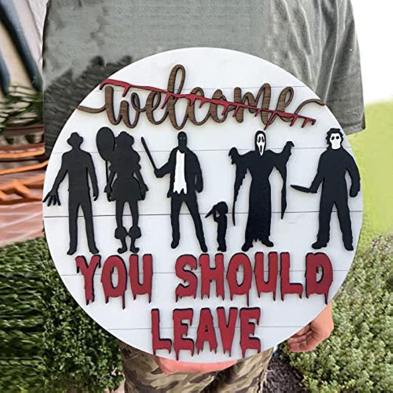 Personalized Halloween Welcome Sign With Horror Movie Characters For Farmhouse Porch