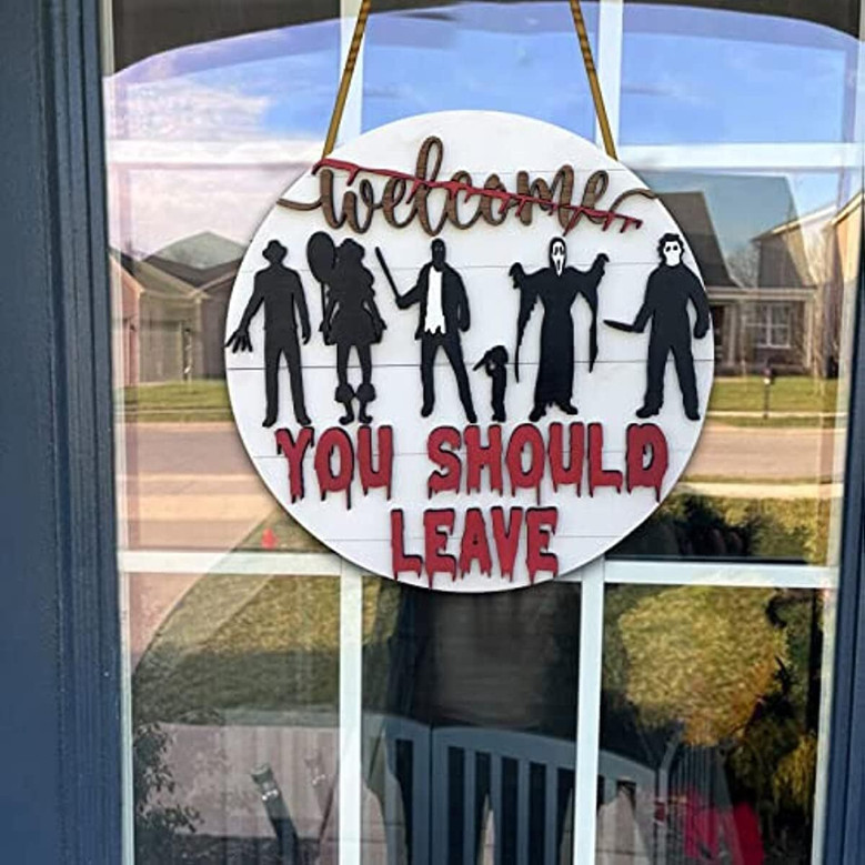Personalized Halloween Welcome Sign With Horror Movie Characters For Farmhouse Porch