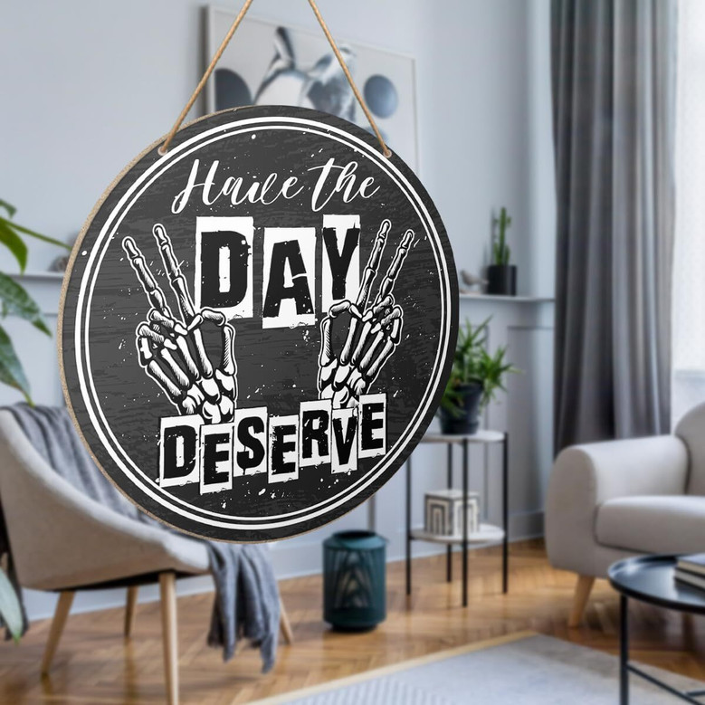Funny Skeleton Peace Wood Sign For Home Office - Black And White Motivational Decor For Women And Men