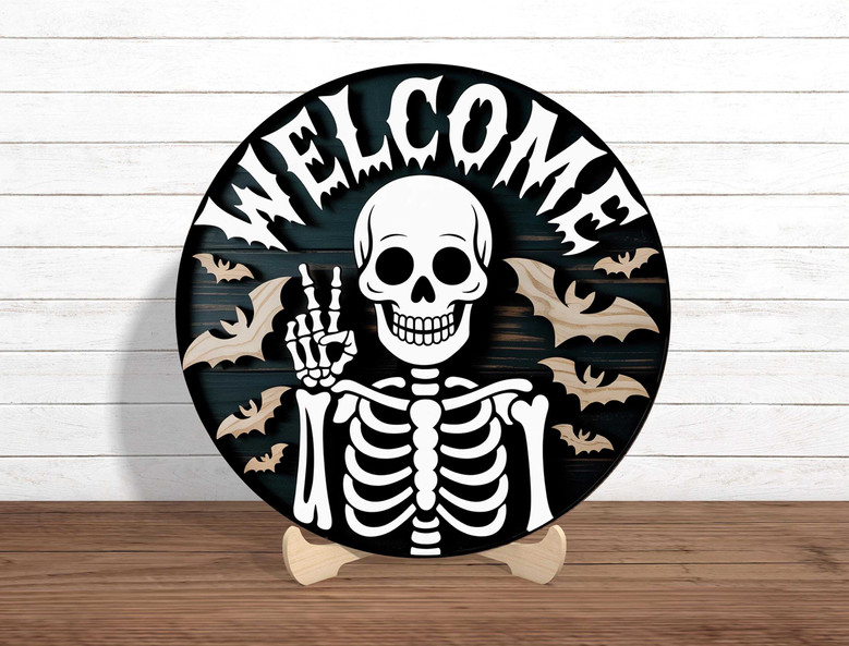 Spooky Skeleton Welcome Sign - Halloween Door Decor With Bats