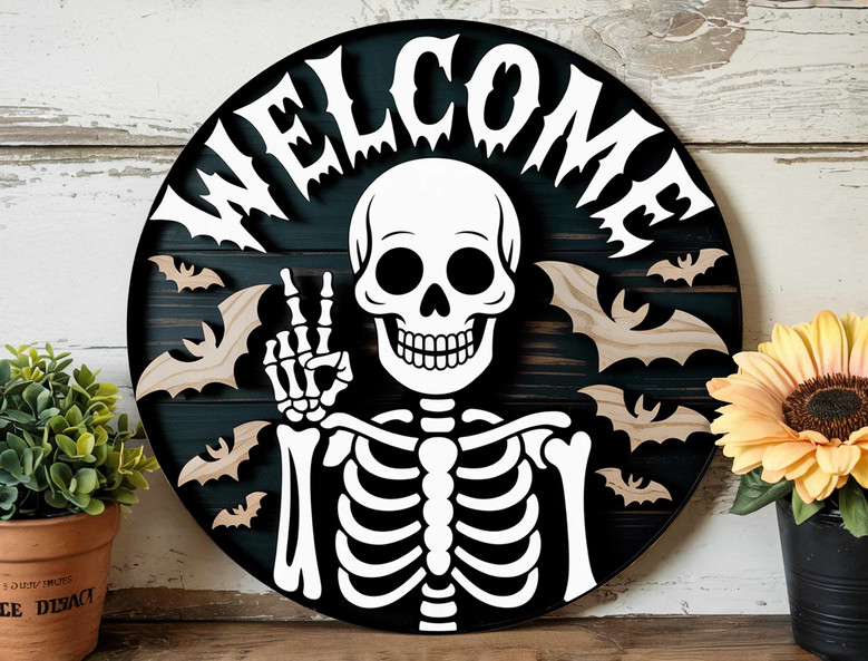 Spooky Skeleton Welcome Sign - Halloween Door Decor With Bats