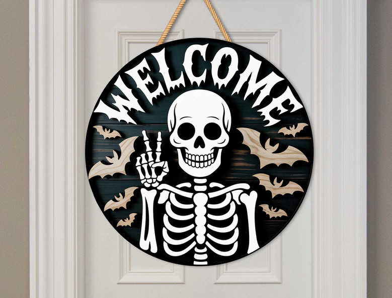 Spooky Skeleton Welcome Sign - Halloween Door Decor With Bats