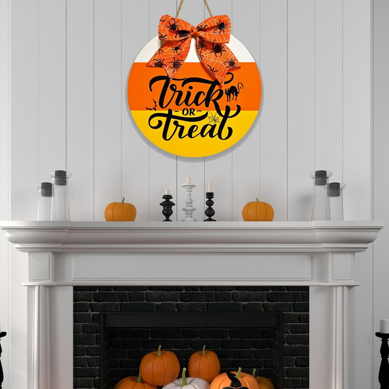 Trick Or Treat Wooden Door Sign With Spider Web & Candy Corn For Halloween Front Porch Outdoor Decoration
