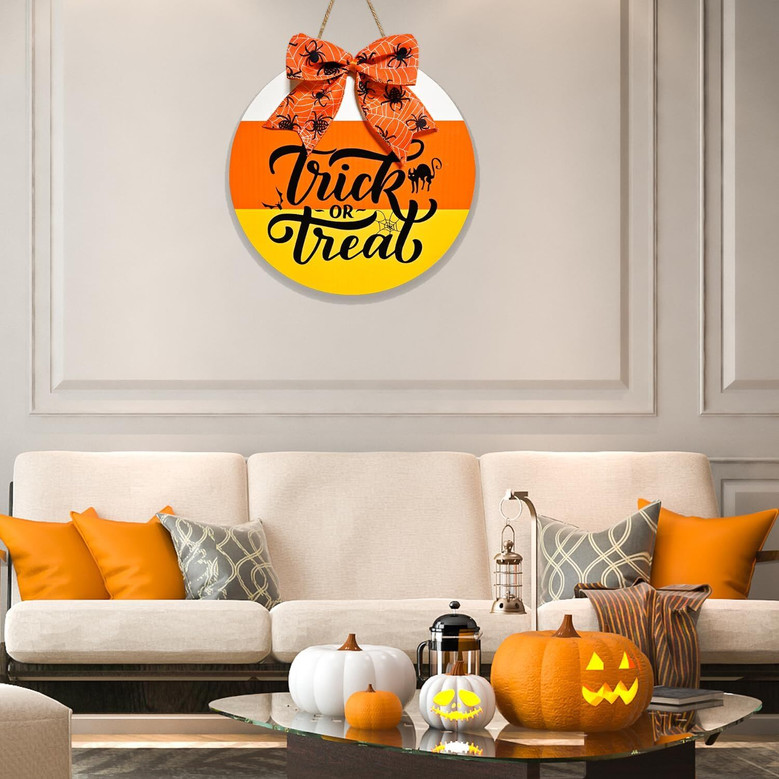 Trick Or Treat Wooden Door Sign With Spider Web & Candy Corn For Halloween Front Porch Outdoor Decoration